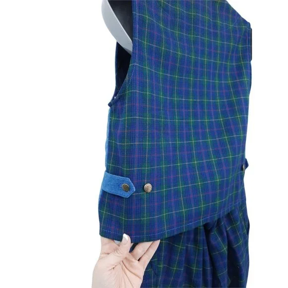 VTG 90s Koret City Blues Quilted Denim Metal Snap Vest Plaid Pants Set Size 8 - Picture 7 of 12